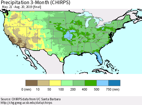 United States Precipitation 3-Month (CHIRPS) Thematic Map For 5/21/2019 - 8/20/2019