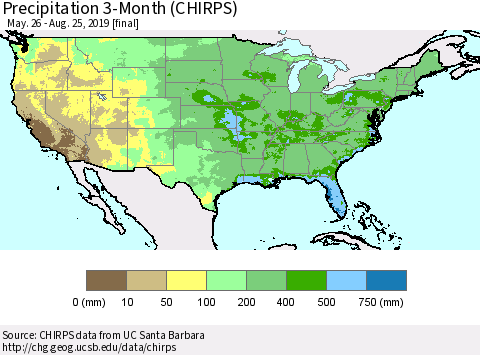 United States Precipitation 3-Month (CHIRPS) Thematic Map For 5/26/2019 - 8/25/2019