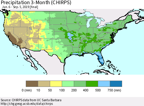 United States Precipitation 3-Month (CHIRPS) Thematic Map For 6/6/2019 - 9/5/2019