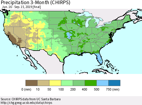 United States Precipitation 3-Month (CHIRPS) Thematic Map For 6/16/2019 - 9/15/2019