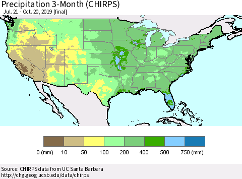 United States Precipitation 3-Month (CHIRPS) Thematic Map For 7/21/2019 - 10/20/2019
