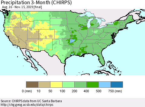 United States Precipitation 3-Month (CHIRPS) Thematic Map For 8/16/2019 - 11/15/2019