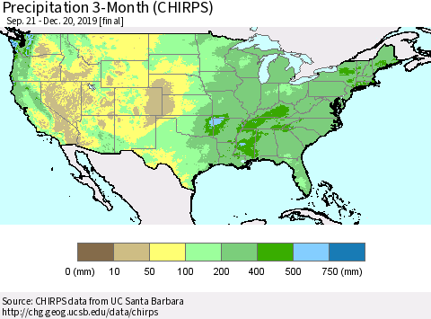United States Precipitation 3-Month (CHIRPS) Thematic Map For 9/21/2019 - 12/20/2019