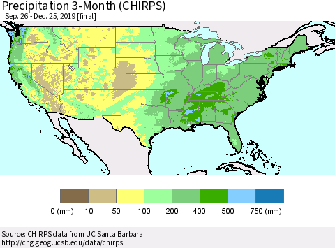 United States Precipitation 3-Month (CHIRPS) Thematic Map For 9/26/2019 - 12/25/2019