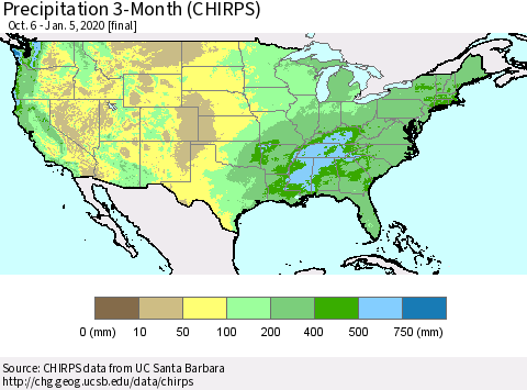 United States Precipitation 3-Month (CHIRPS) Thematic Map For 10/6/2019 - 1/5/2020