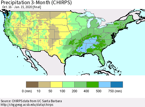 United States Precipitation 3-Month (CHIRPS) Thematic Map For 10/16/2019 - 1/15/2020