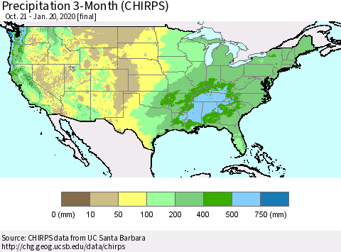 United States Precipitation 3-Month (CHIRPS) Thematic Map For 10/21/2019 - 1/20/2020