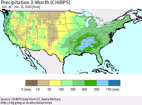 United States Precipitation 3-Month (CHIRPS) Thematic Map For 10/26/2019 - 1/25/2020