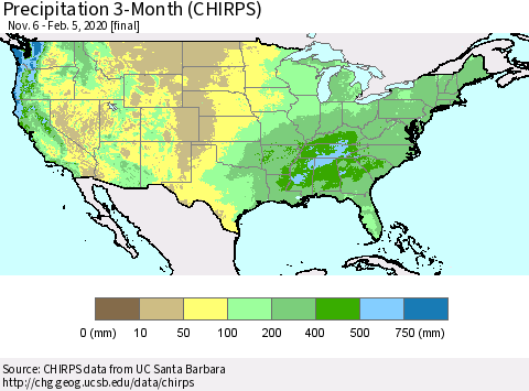 United States Precipitation 3-Month (CHIRPS) Thematic Map For 11/6/2019 - 2/5/2020