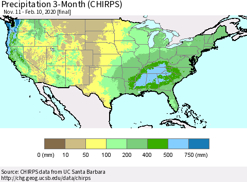 United States Precipitation 3-Month (CHIRPS) Thematic Map For 11/11/2019 - 2/10/2020