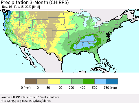 United States Precipitation 3-Month (CHIRPS) Thematic Map For 11/16/2019 - 2/15/2020