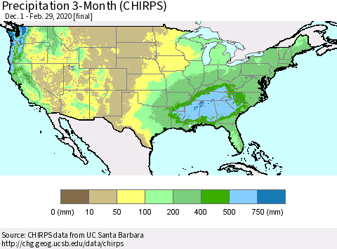 United States Precipitation 3-Month (CHIRPS) Thematic Map For 12/1/2019 - 2/29/2020