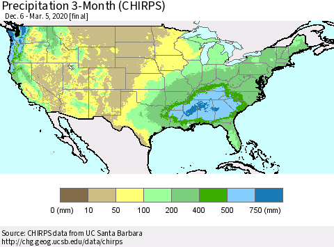 United States Precipitation 3-Month (CHIRPS) Thematic Map For 12/6/2019 - 3/5/2020