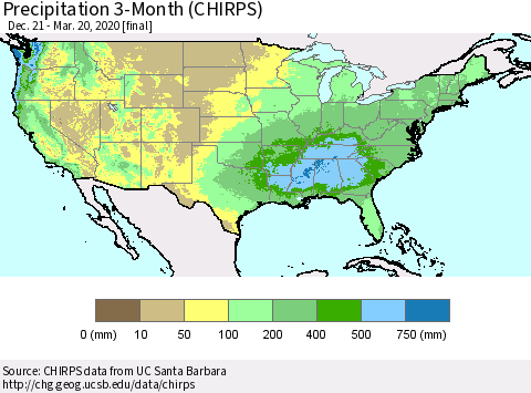 United States Precipitation 3-Month (CHIRPS) Thematic Map For 12/21/2019 - 3/20/2020