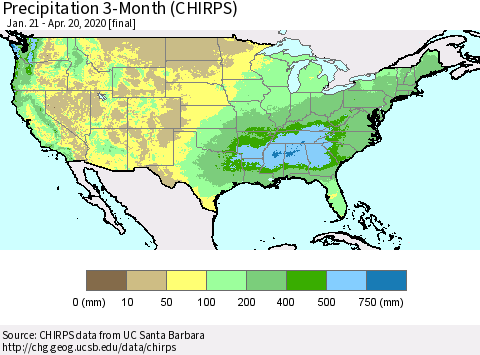 United States Precipitation 3-Month (CHIRPS) Thematic Map For 1/21/2020 - 4/20/2020