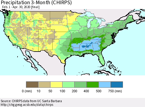 United States Precipitation 3-Month (CHIRPS) Thematic Map For 2/1/2020 - 4/30/2020