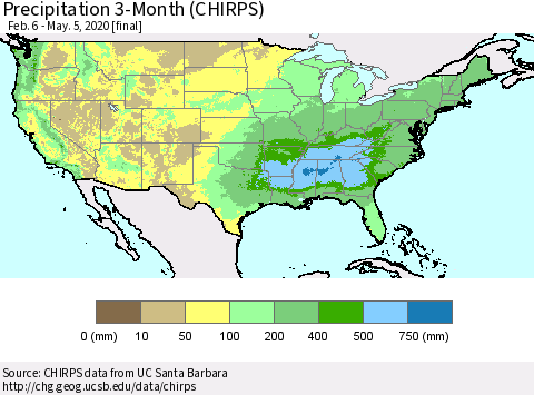 United States Precipitation 3-Month (CHIRPS) Thematic Map For 2/6/2020 - 5/5/2020