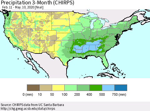 United States Precipitation 3-Month (CHIRPS) Thematic Map For 2/11/2020 - 5/10/2020