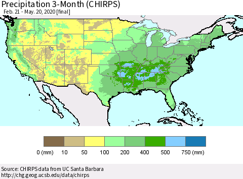 United States Precipitation 3-Month (CHIRPS) Thematic Map For 2/21/2020 - 5/20/2020