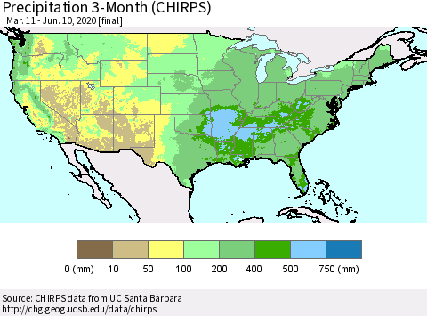 United States Precipitation 3-Month (CHIRPS) Thematic Map For 3/11/2020 - 6/10/2020