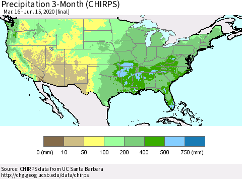 United States Precipitation 3-Month (CHIRPS) Thematic Map For 3/16/2020 - 6/15/2020