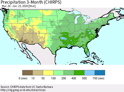 United States Precipitation 3-Month (CHIRPS) Thematic Map For 3/26/2020 - 6/25/2020