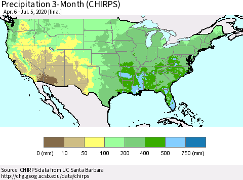 United States Precipitation 3-Month (CHIRPS) Thematic Map For 4/6/2020 - 7/5/2020