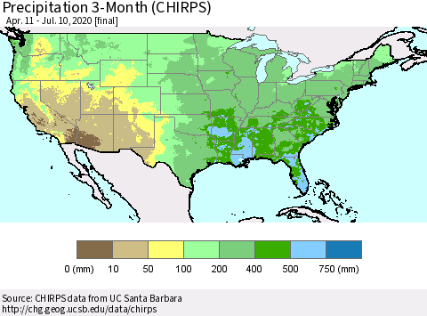 United States Precipitation 3-Month (CHIRPS) Thematic Map For 4/11/2020 - 7/10/2020
