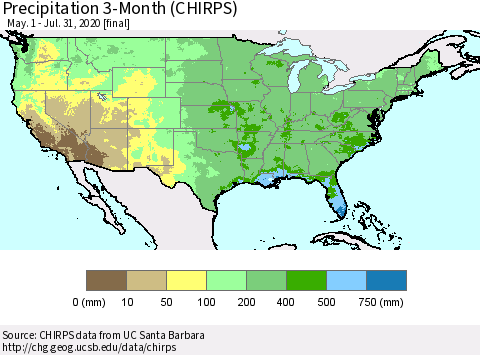 United States Precipitation 3-Month (CHIRPS) Thematic Map For 5/1/2020 - 7/31/2020