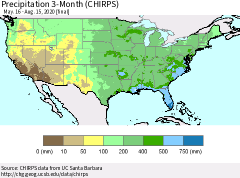 United States Precipitation 3-Month (CHIRPS) Thematic Map For 5/16/2020 - 8/15/2020
