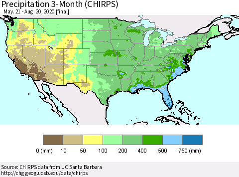 United States Precipitation 3-Month (CHIRPS) Thematic Map For 5/21/2020 - 8/20/2020