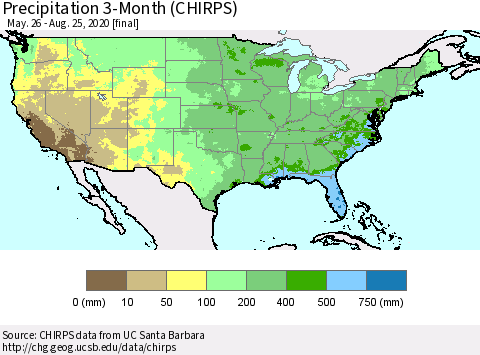 United States Precipitation 3-Month (CHIRPS) Thematic Map For 5/26/2020 - 8/25/2020