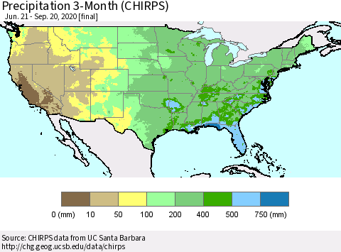 United States Precipitation 3-Month (CHIRPS) Thematic Map For 6/21/2020 - 9/20/2020
