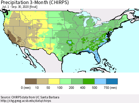 United States Precipitation 3-Month (CHIRPS) Thematic Map For 7/1/2020 - 9/30/2020