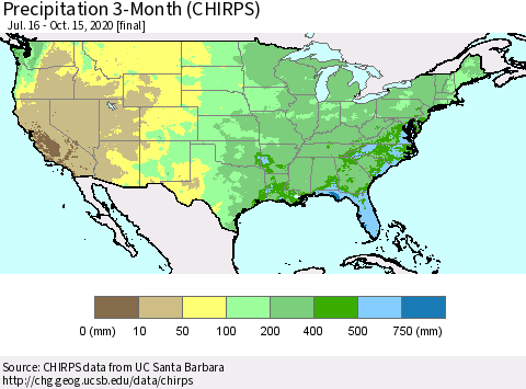 United States Precipitation 3-Month (CHIRPS) Thematic Map For 7/16/2020 - 10/15/2020