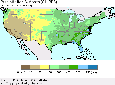 United States Precipitation 3-Month (CHIRPS) Thematic Map For 7/26/2020 - 10/25/2020
