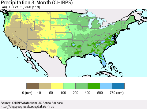 United States Precipitation 3-Month (CHIRPS) Thematic Map For 8/1/2020 - 10/31/2020