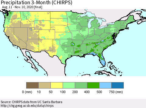 United States Precipitation 3-Month (CHIRPS) Thematic Map For 8/11/2020 - 11/10/2020