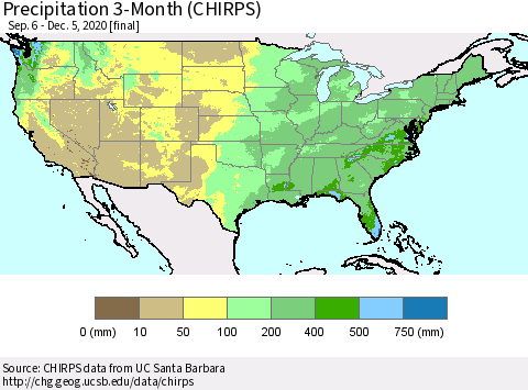 United States Precipitation 3-Month (CHIRPS) Thematic Map For 9/6/2020 - 12/5/2020