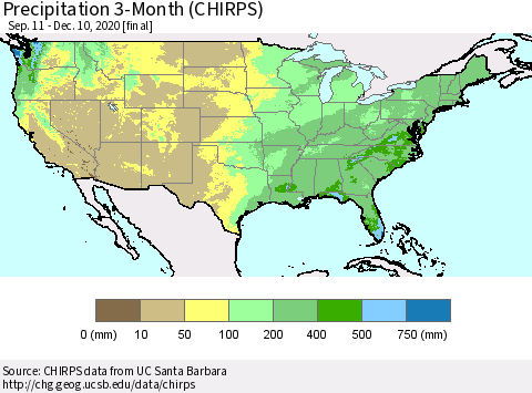 United States Precipitation 3-Month (CHIRPS) Thematic Map For 9/11/2020 - 12/10/2020