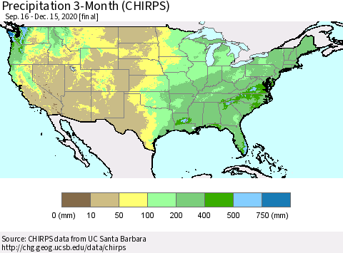 United States Precipitation 3-Month (CHIRPS) Thematic Map For 9/16/2020 - 12/15/2020
