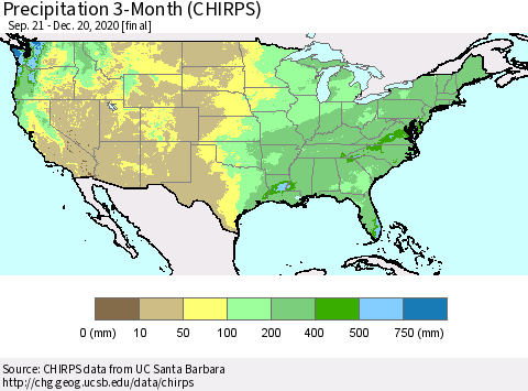 United States Precipitation 3-Month (CHIRPS) Thematic Map For 9/21/2020 - 12/20/2020