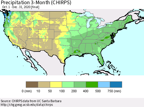 United States Precipitation 3-Month (CHIRPS) Thematic Map For 10/1/2020 - 12/31/2020