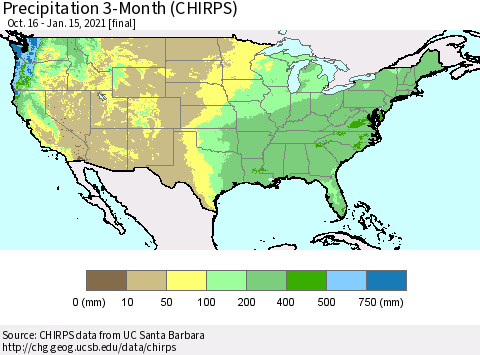 United States Precipitation 3-Month (CHIRPS) Thematic Map For 10/16/2020 - 1/15/2021