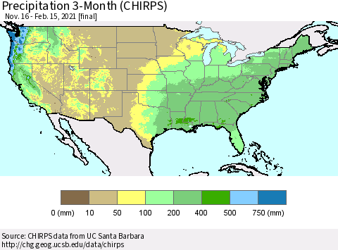 United States Precipitation 3-Month (CHIRPS) Thematic Map For 11/16/2020 - 2/15/2021