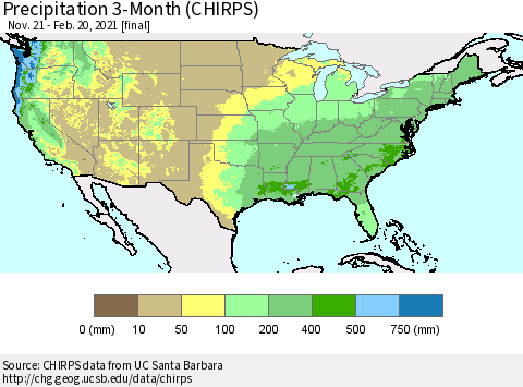 United States Precipitation 3-Month (CHIRPS) Thematic Map For 11/21/2020 - 2/20/2021