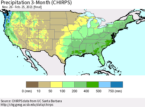 United States Precipitation 3-Month (CHIRPS) Thematic Map For 11/26/2020 - 2/25/2021