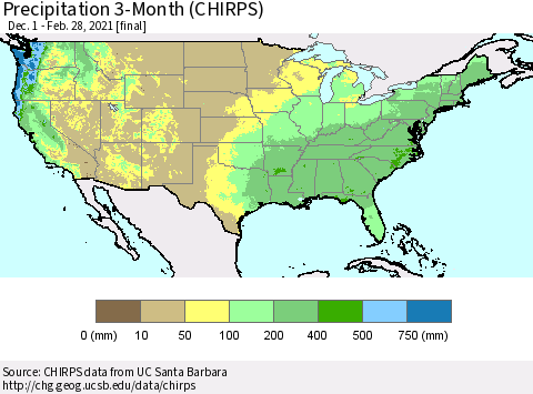 United States Precipitation 3-Month (CHIRPS) Thematic Map For 12/1/2020 - 2/28/2021