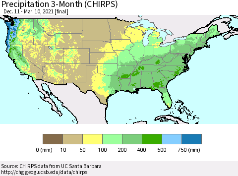 United States Precipitation 3-Month (CHIRPS) Thematic Map For 12/11/2020 - 3/10/2021