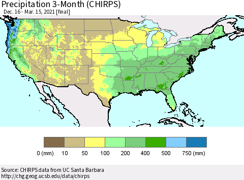 United States Precipitation 3-Month (CHIRPS) Thematic Map For 12/16/2020 - 3/15/2021